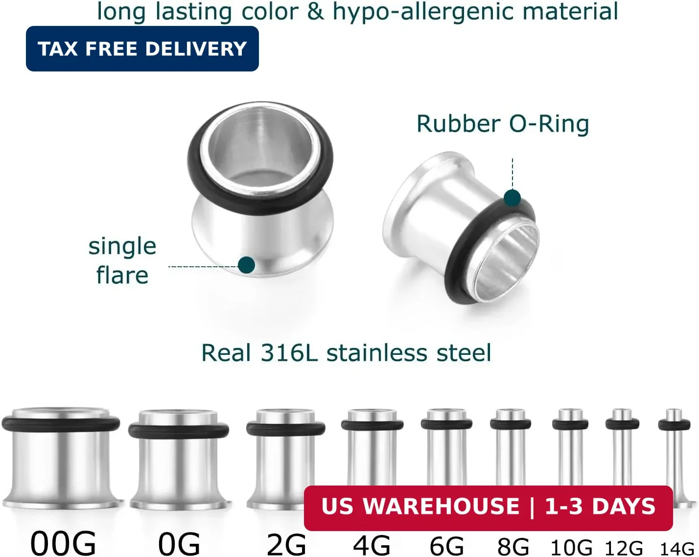 vcmart 14G-00G 36 pcs Ear Gauges Stretching Kit Tapers Plugs Eyelets Implant Gra