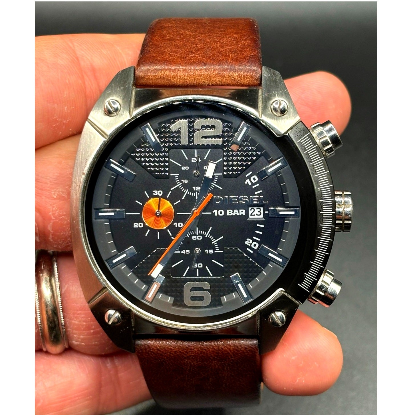Diesel DZ4204 Men’s Overflow Chronograph Silver Case Brown Leather Watch