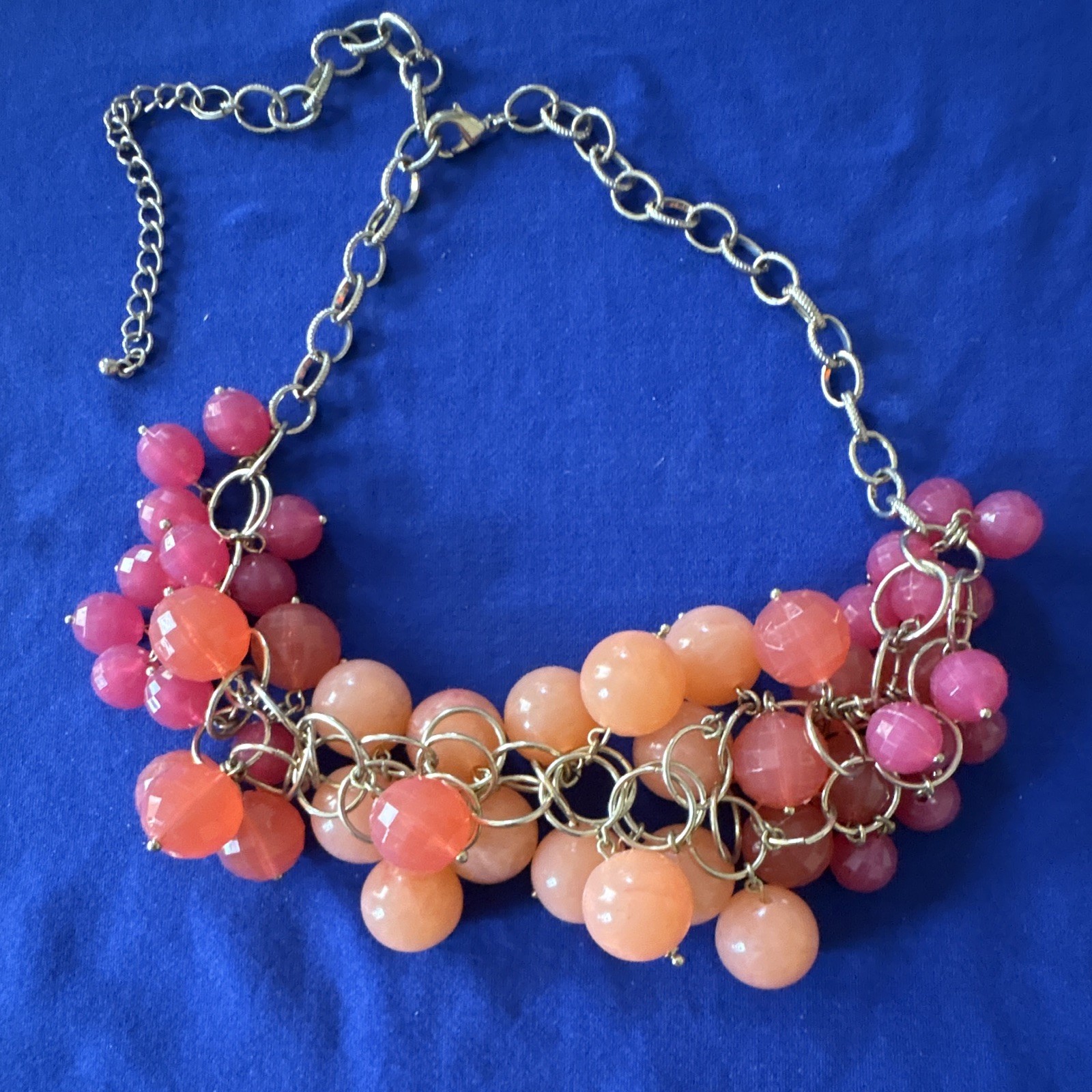 Gold Tone Oval Link Chain Necklace, Pink & Orange Bead Cluster, Adjustable