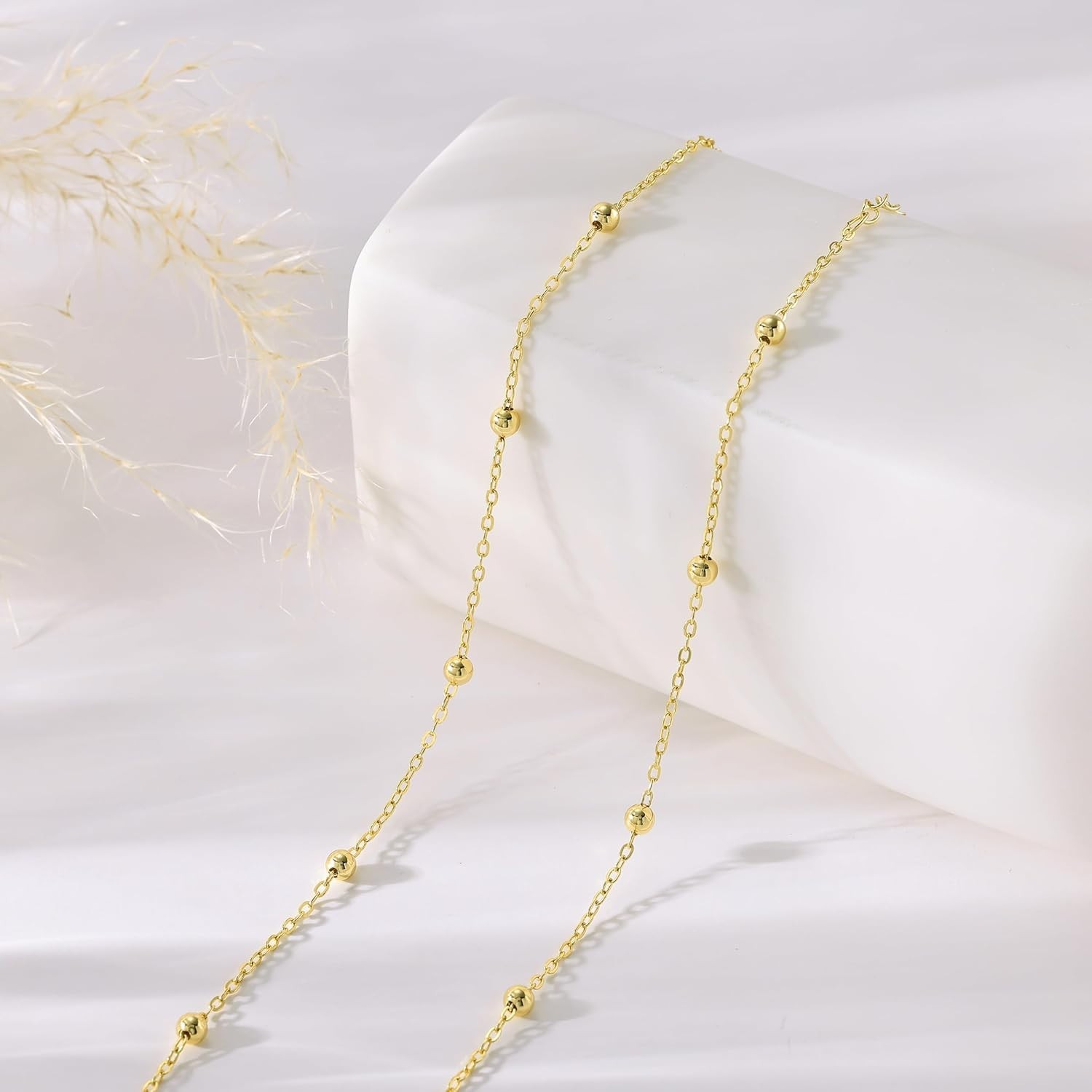 Dainty Gold Chain Necklace for Women, 14K Plated Beaded Box Link Choker Trendy