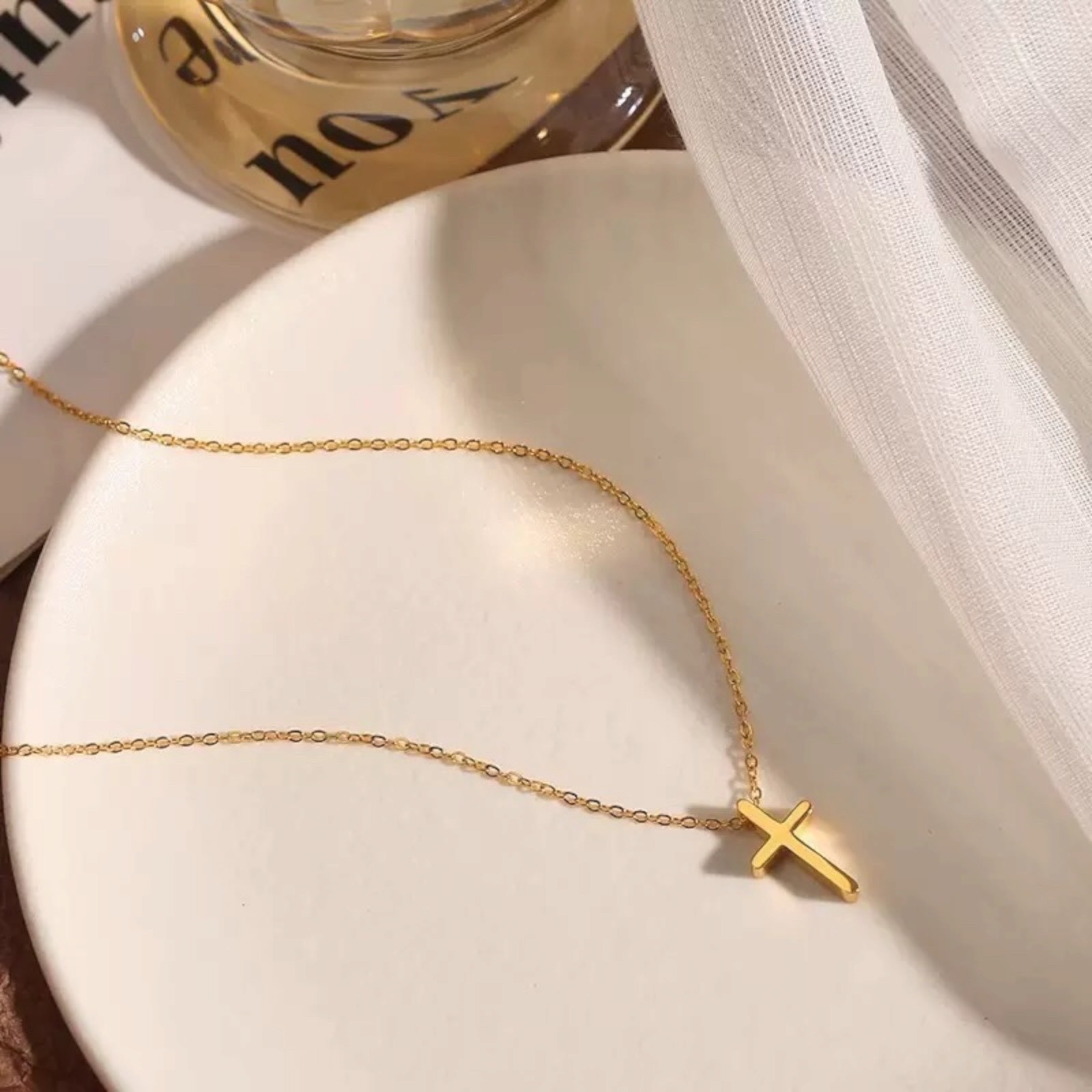 Women 14K Gold Stainless Steel Small flat Cross Pendant Chain Necklace Gift A93