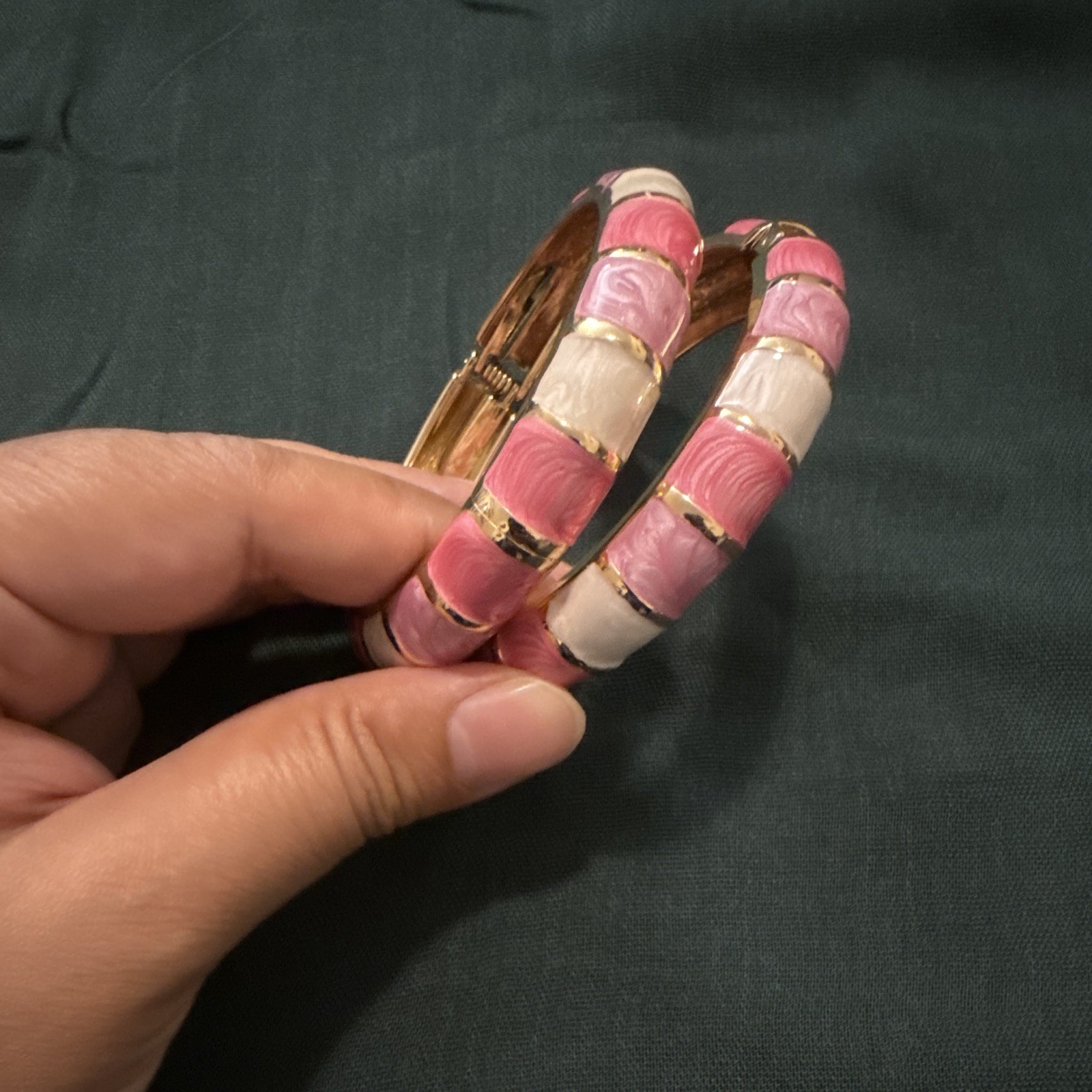 Set of 2 Gold Tone Hinged Bangle Bracelets Pink White Enamel No Stone