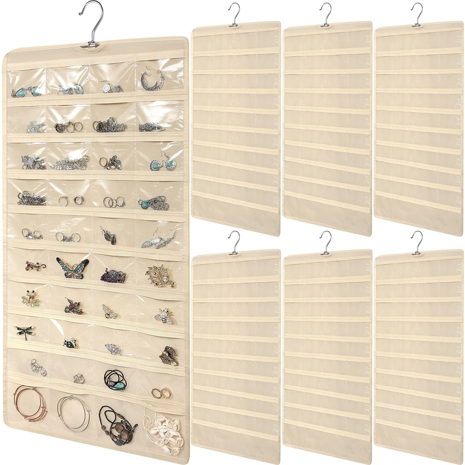 6 Pcs Jewelry Organizer Roll – 80 Pocket Dual-Sided Hanging Storage for Necklace