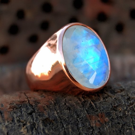 Solid 925 Sterling Silver Natural Rainbow Moonstone Gemstone Men’s Unisex Ring