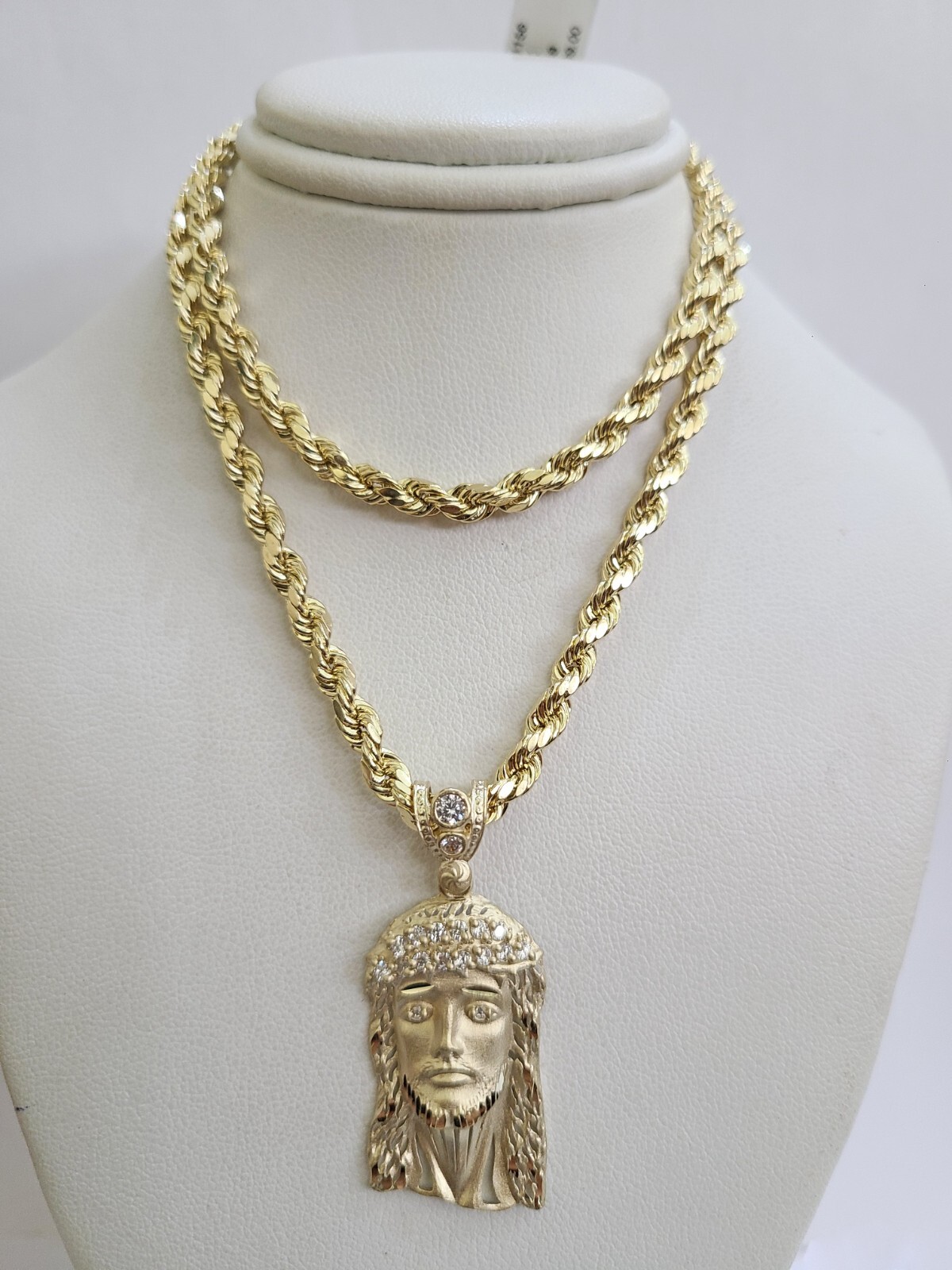 REAL 10k Rope Chain Jesus Head Charm Pendant 4mm Necklace Set 18″-28″ in