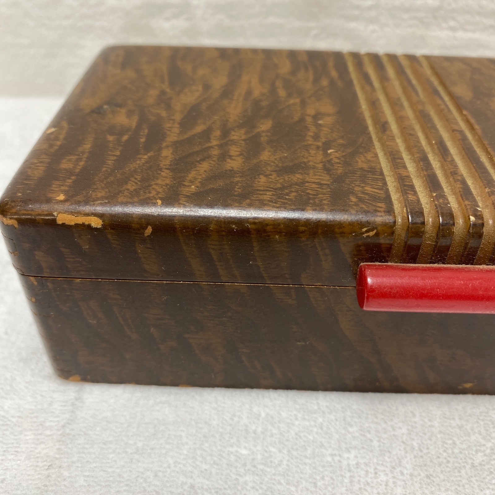 Vintage Bakelite Red Handle Wood Grain Jewelry Trinket Box Art Deco Storage