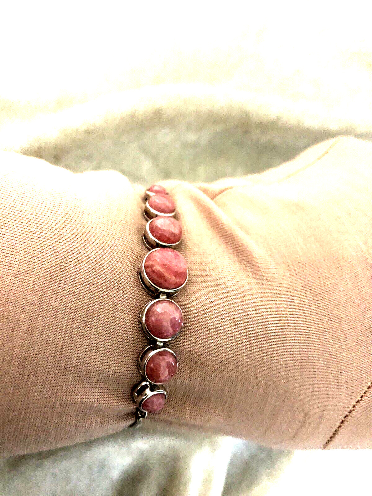 GENERATION GEMS ROUND PINK RHODOCHROSITE GEMSTONE SS ADJ. BRACELET (M4339-24)