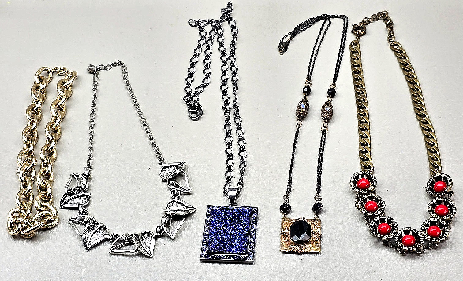 Vintage Fashion Necklace Lot S.A.C. Statement Pendant Chain Rhinestone Red 5 Pc