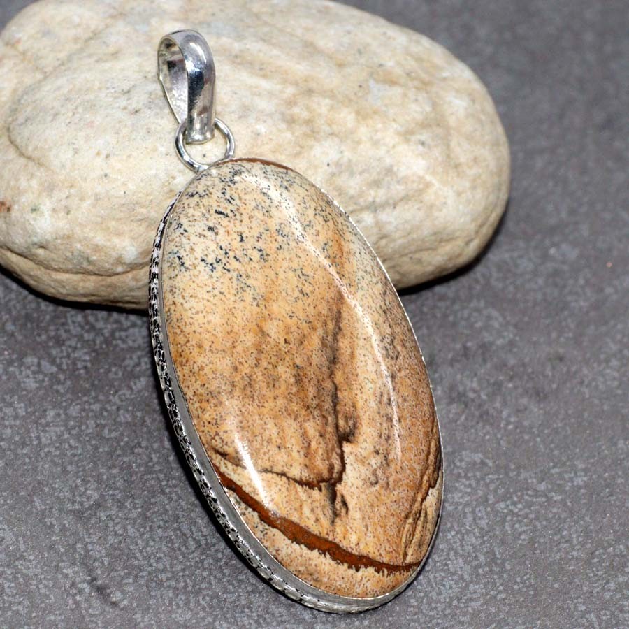 Picture Jasper 925 Silver Plated Handmade Pendant 2.4″ Stylish Jewelry JW