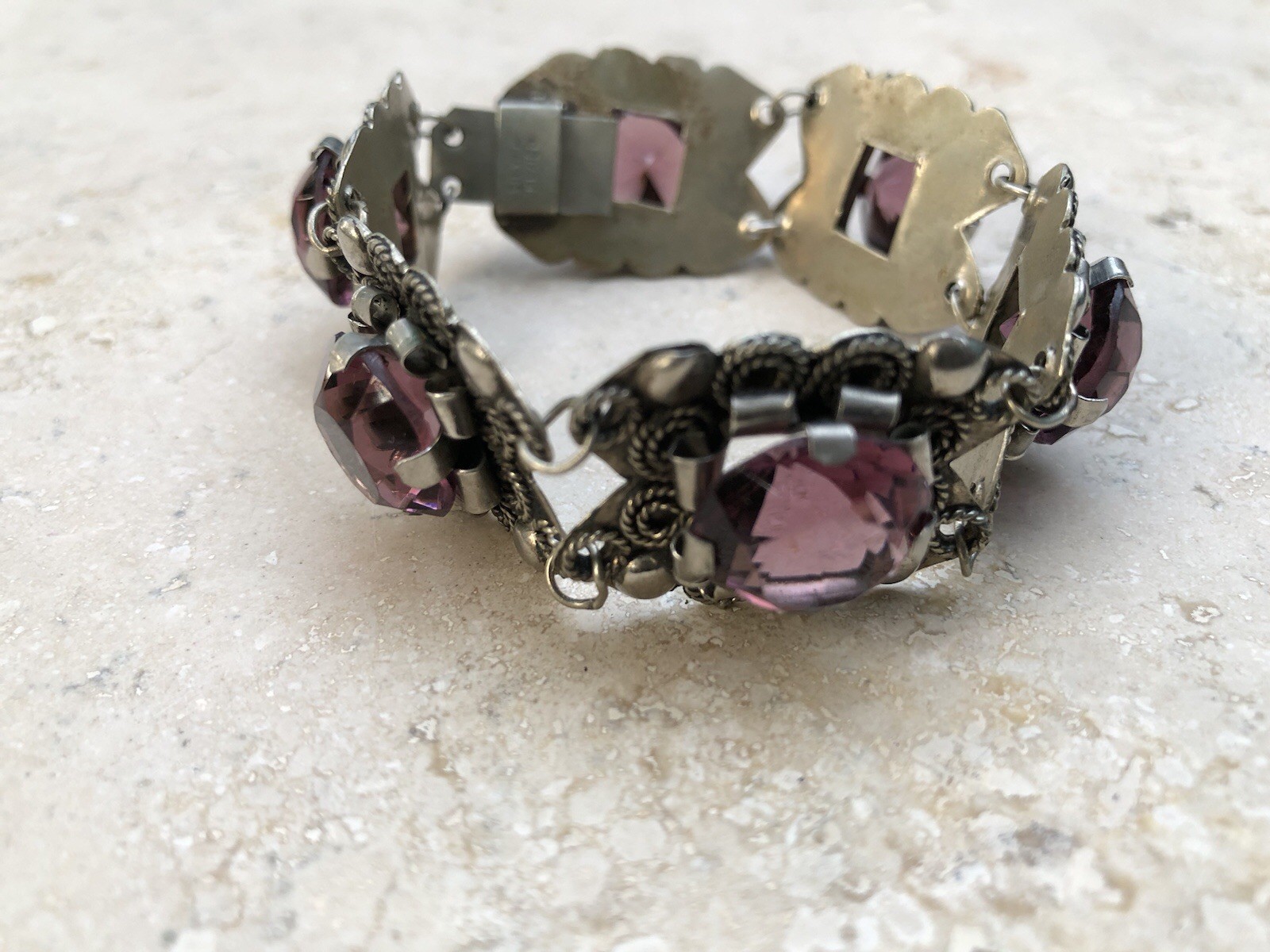 🌟🍇Vintage MEXICO STERLING SILVER Purple Color Stones STATEMENT PANEL Bracelet