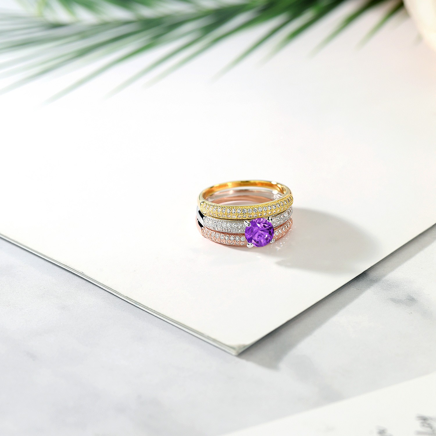 2.94 Ct Round Purple Zirconia 925 Sterling Silver Set of 3 Stacking Ring