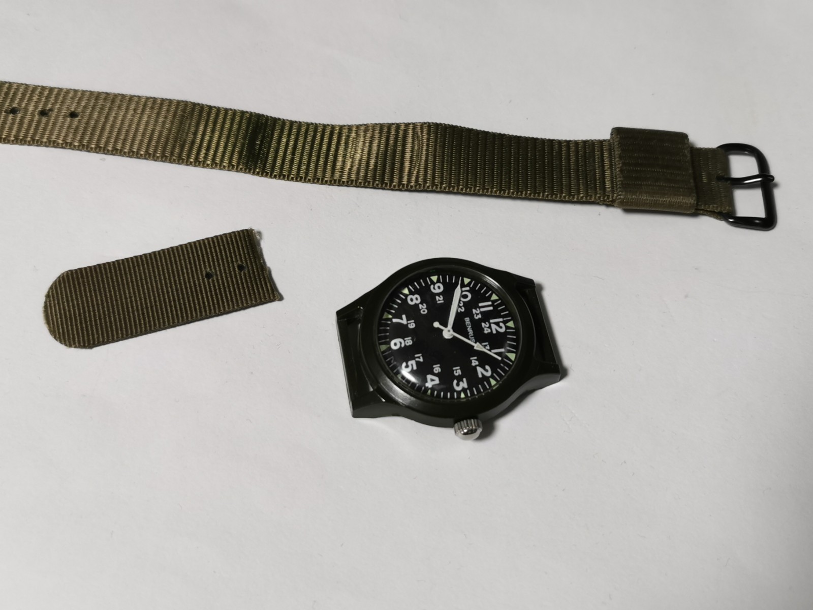 Benrus BR763 Military Watch New battery replaced, working, with daiso watch