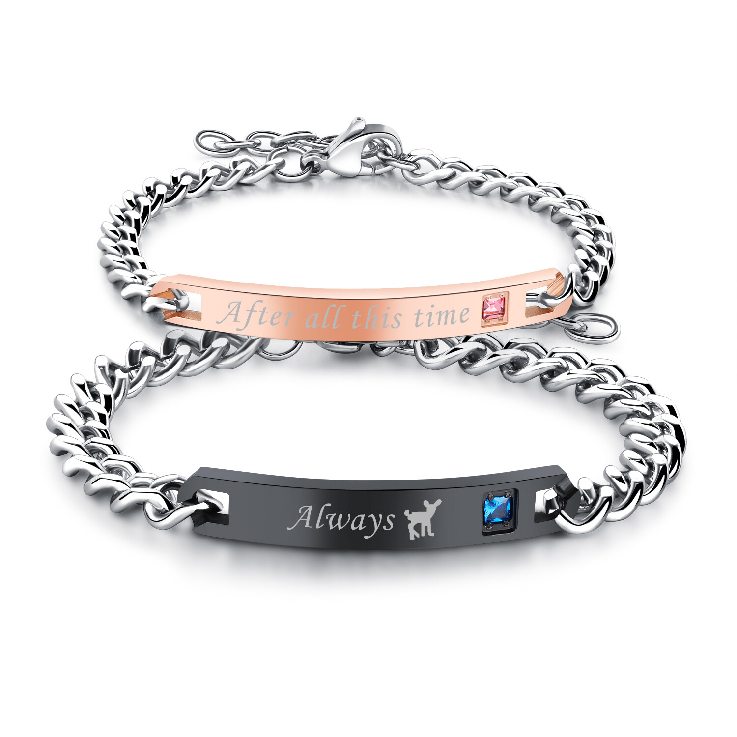 2Pcs/Set Men Women Stainless Steel CZ Rosegold Black Couple Bracelet Bangle Gift