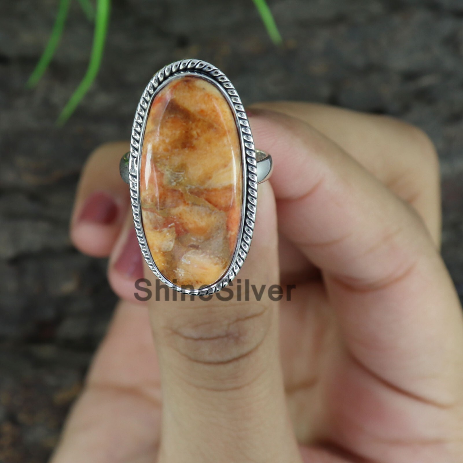 Orange Copper Turquoise Solid 925 Sterling Silver women For Ring Size 7 US JN39