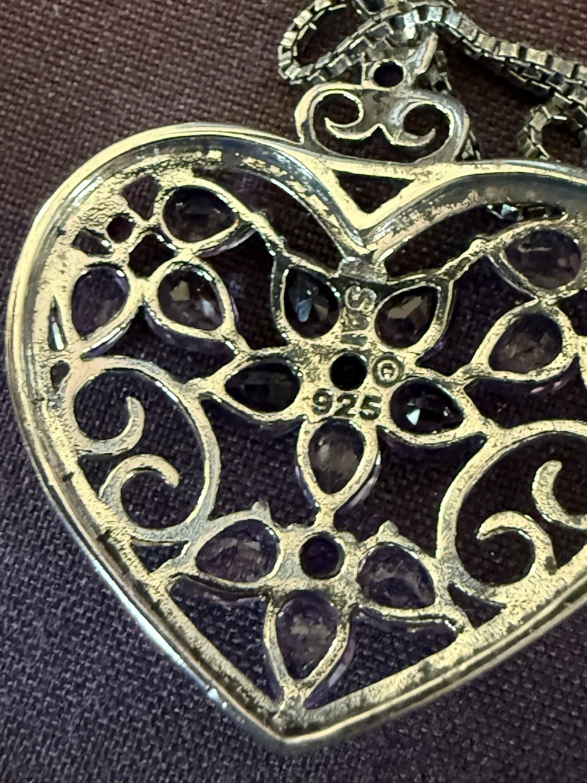 Sterling Silver 925 Heart Amethyst Pendant Necklace Box Chain 18 in