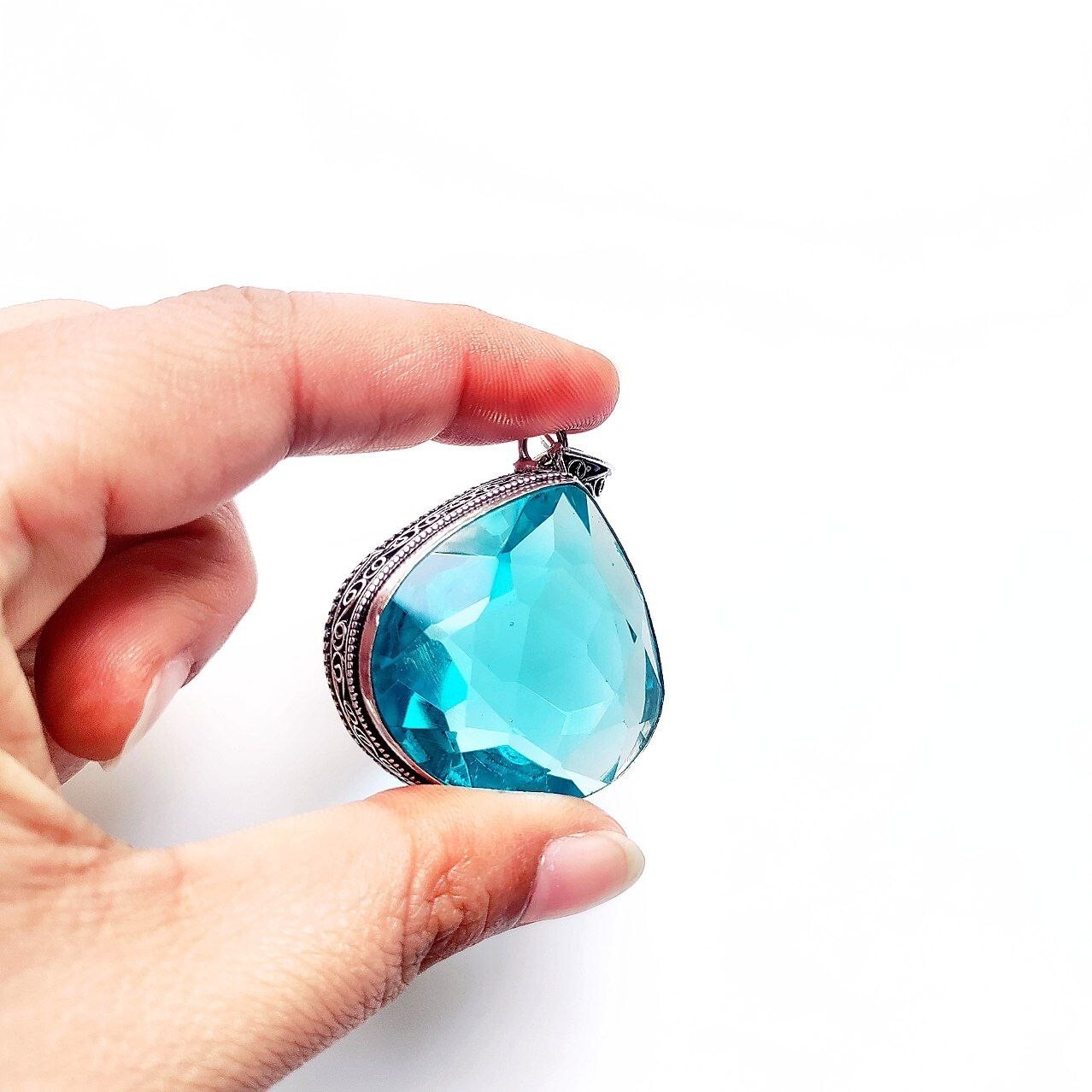 Swiss Blue Topaz Gemstone 925 Sterling Silver Handmade Jewelry Pendant 1.8″