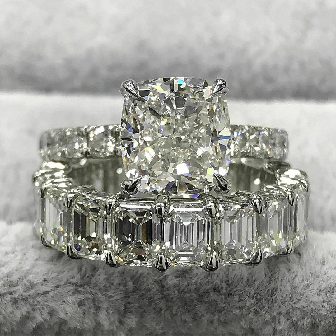 4.90Ct Cushion Cut Simulated Diamond Engagement Bridal Ring Set 14K White Gold