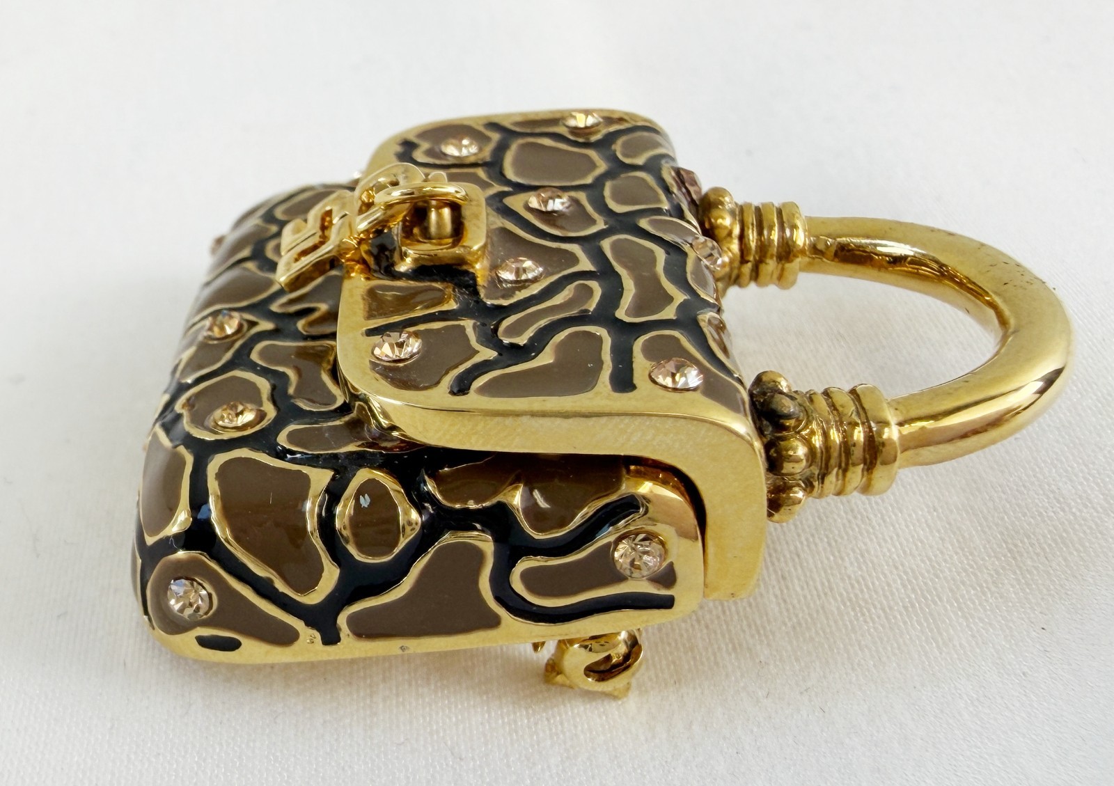 NEW ST. JOHN Handbag Brooch Brown Print Enamel Crystals 24KGP Logo Pin Enhancer