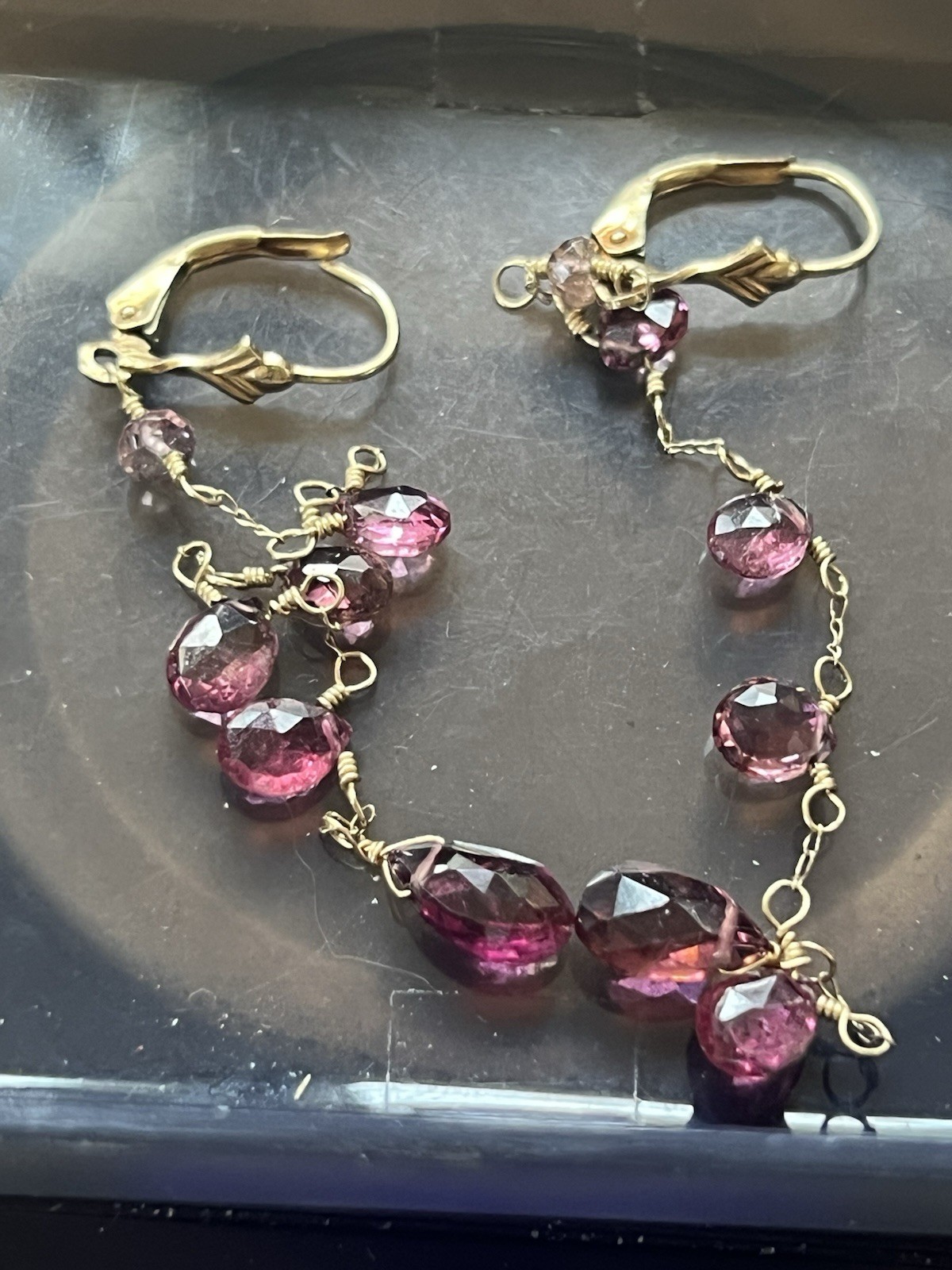 Unusual 14k Yellow Gold 3.25” Long Tourmaline Earrings 2.5 g. VG Signed