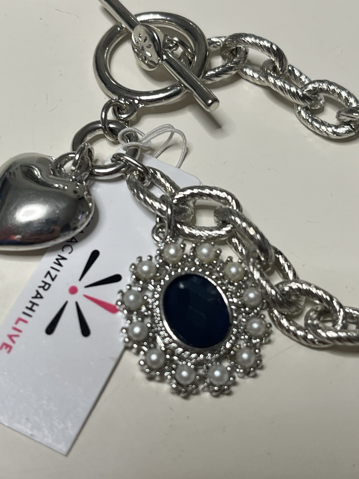 Isaac Mizrahi Live Black Oval charm bracelet Earrings Hearts Set Silver Pearls