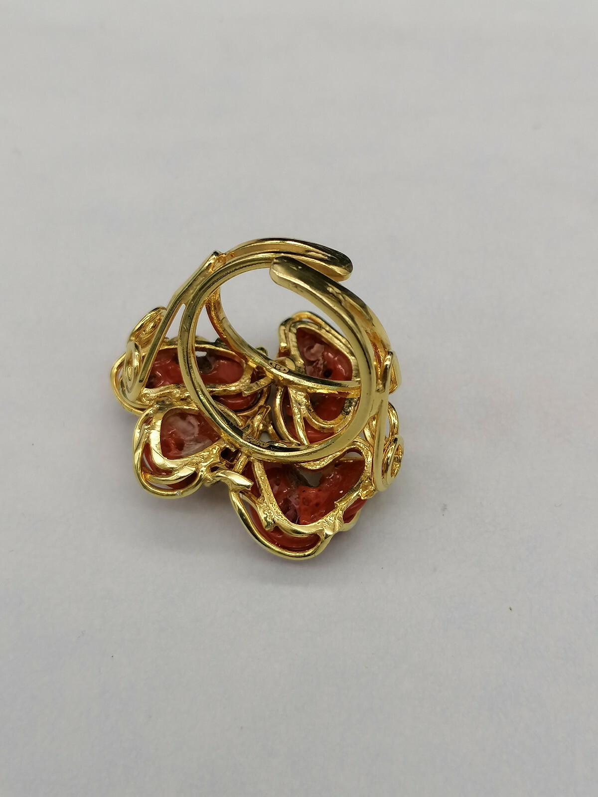 Genuine Sardinian Red Coral 925 Silver Gold Plated Adjustable Women Ring