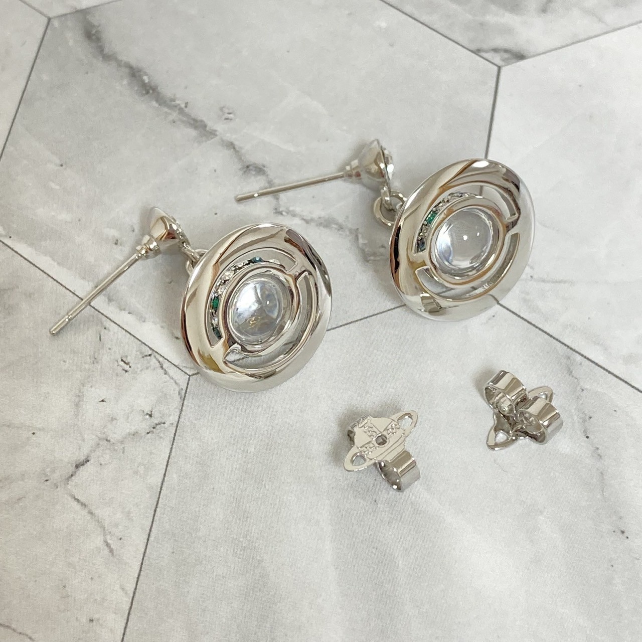 Vivienne Westwood Earrings Petite Orb Silver Clear Multi 2.5 x 1.4cm w/Pouch