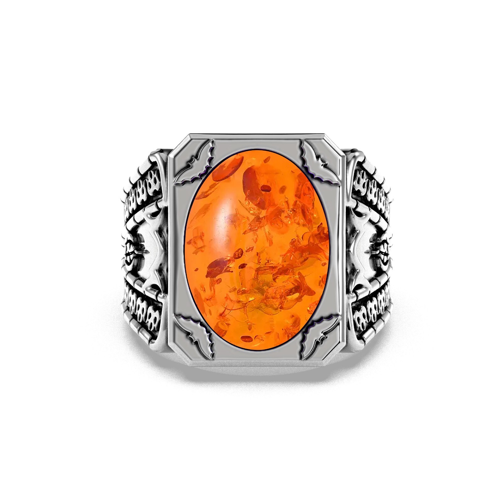 Solid 925 Sterling Silver Natural Baltic Amber Gemstone Unique Halloween Ring’