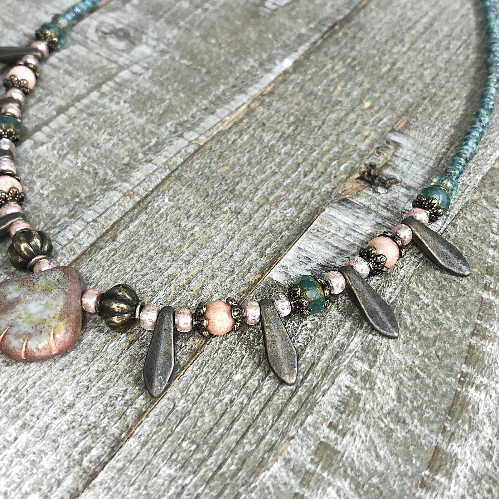 Rustic Czech Glass Picasso Sea Shell Choker with Bronze Daggers