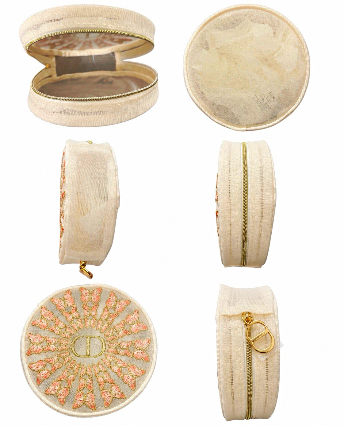 Round Zip-Around Travel Jewelry Case Organizer, White Pink Fabric Gold Zipper