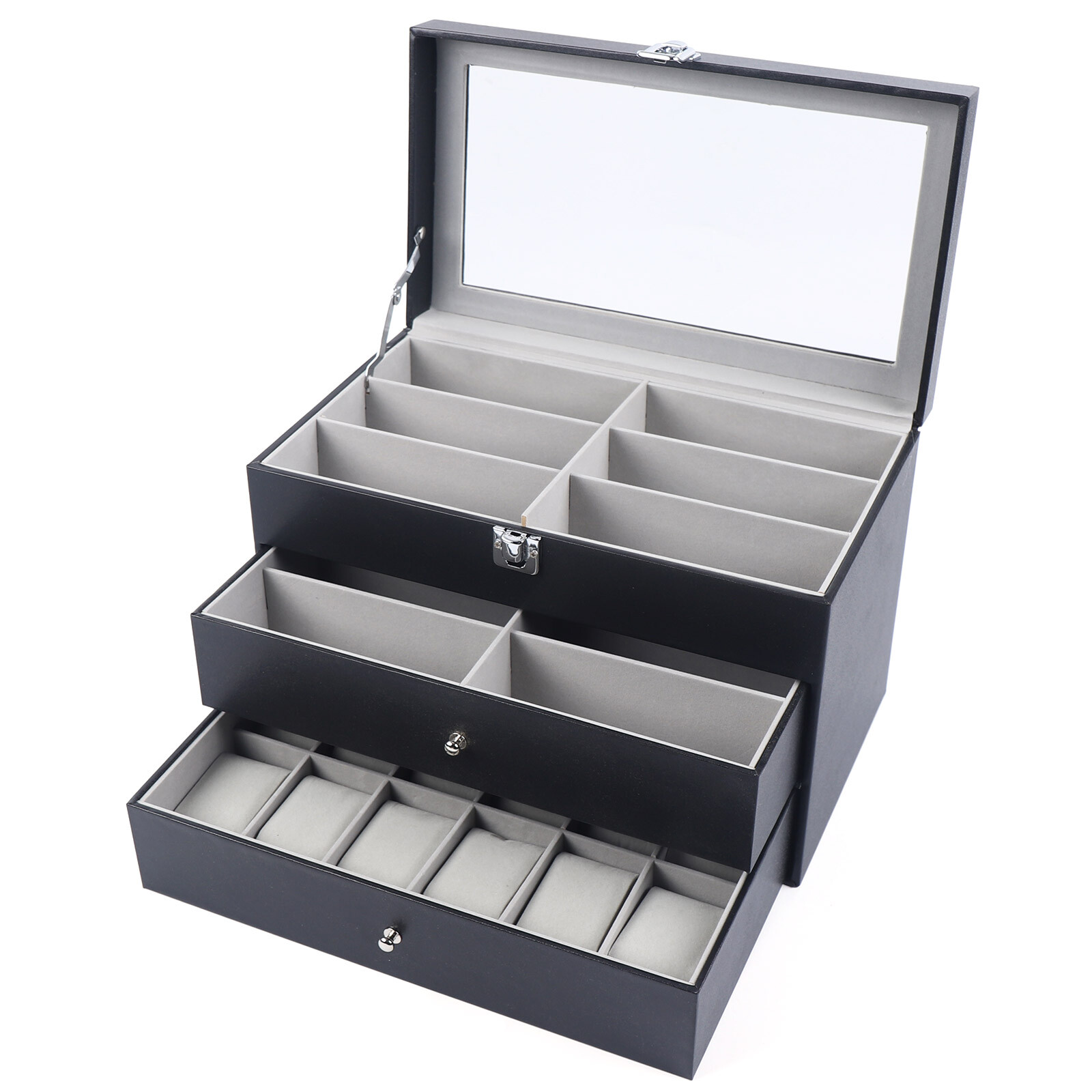 3 Layers Watch Display Box Jewelry Ring Organizer Case Sunglasses Storage Holder