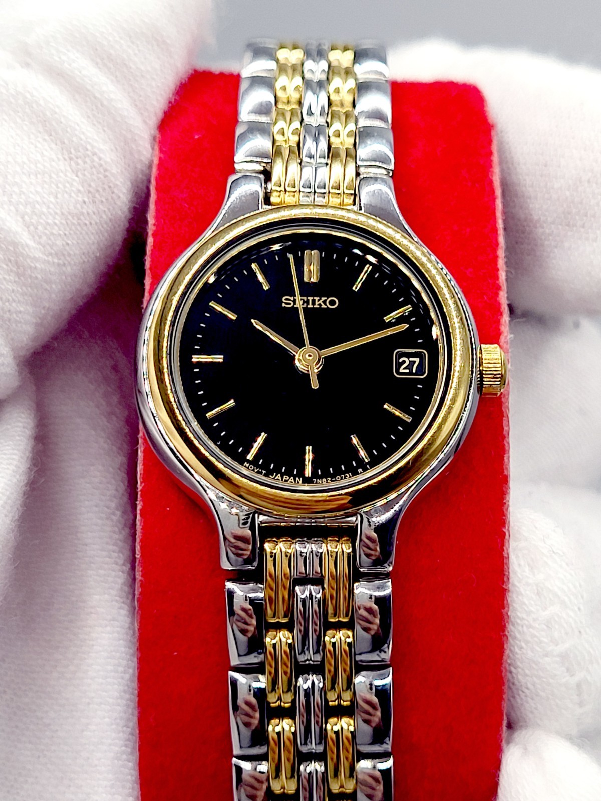 Seiko Watch Women 23mm Black Dial 1995 Two Tone Date Round 7N82-0228 New Battery