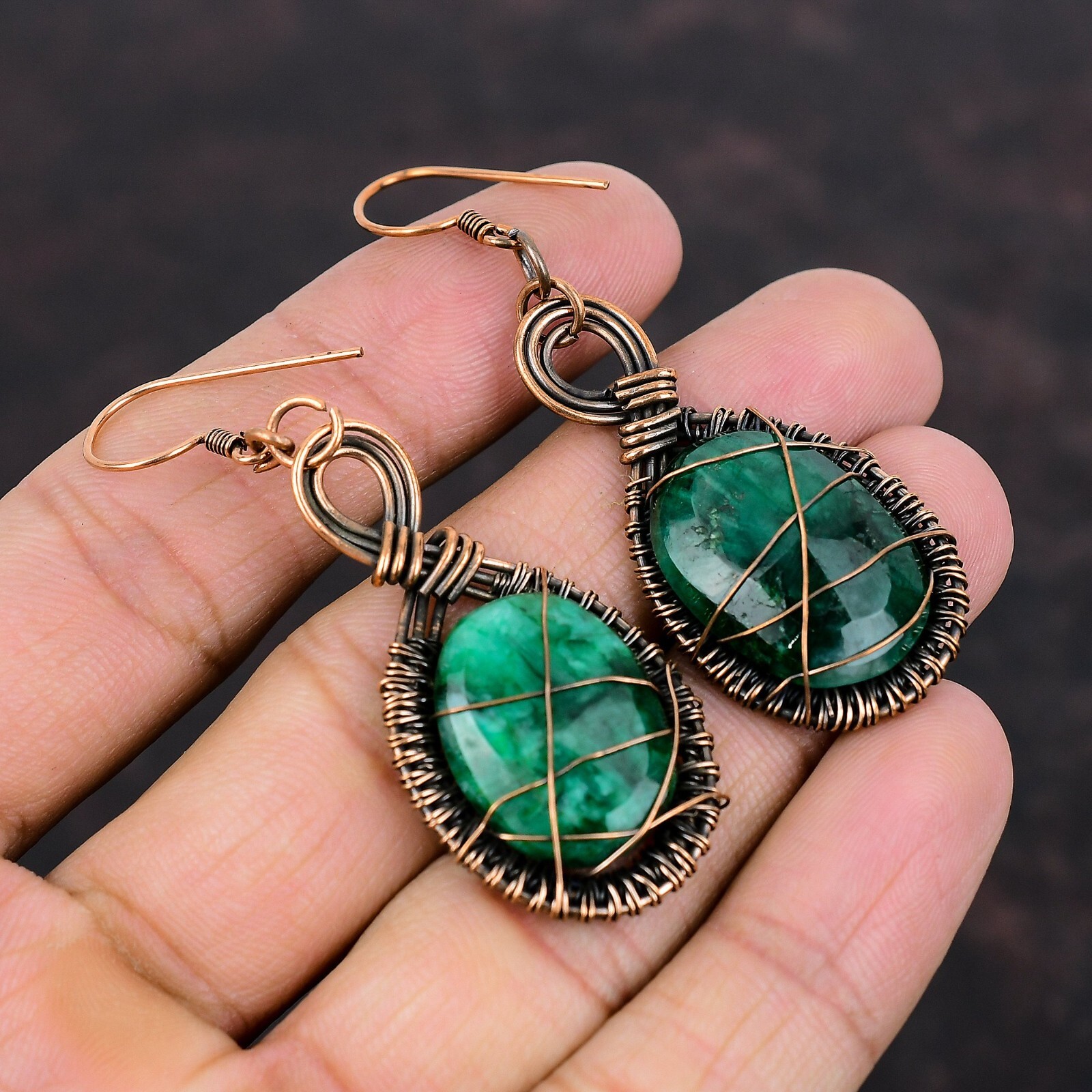 Faceted Zambian Emrald Copper Jewelry Wire Wrapped Drop/Dangle Earrings 2.56″
