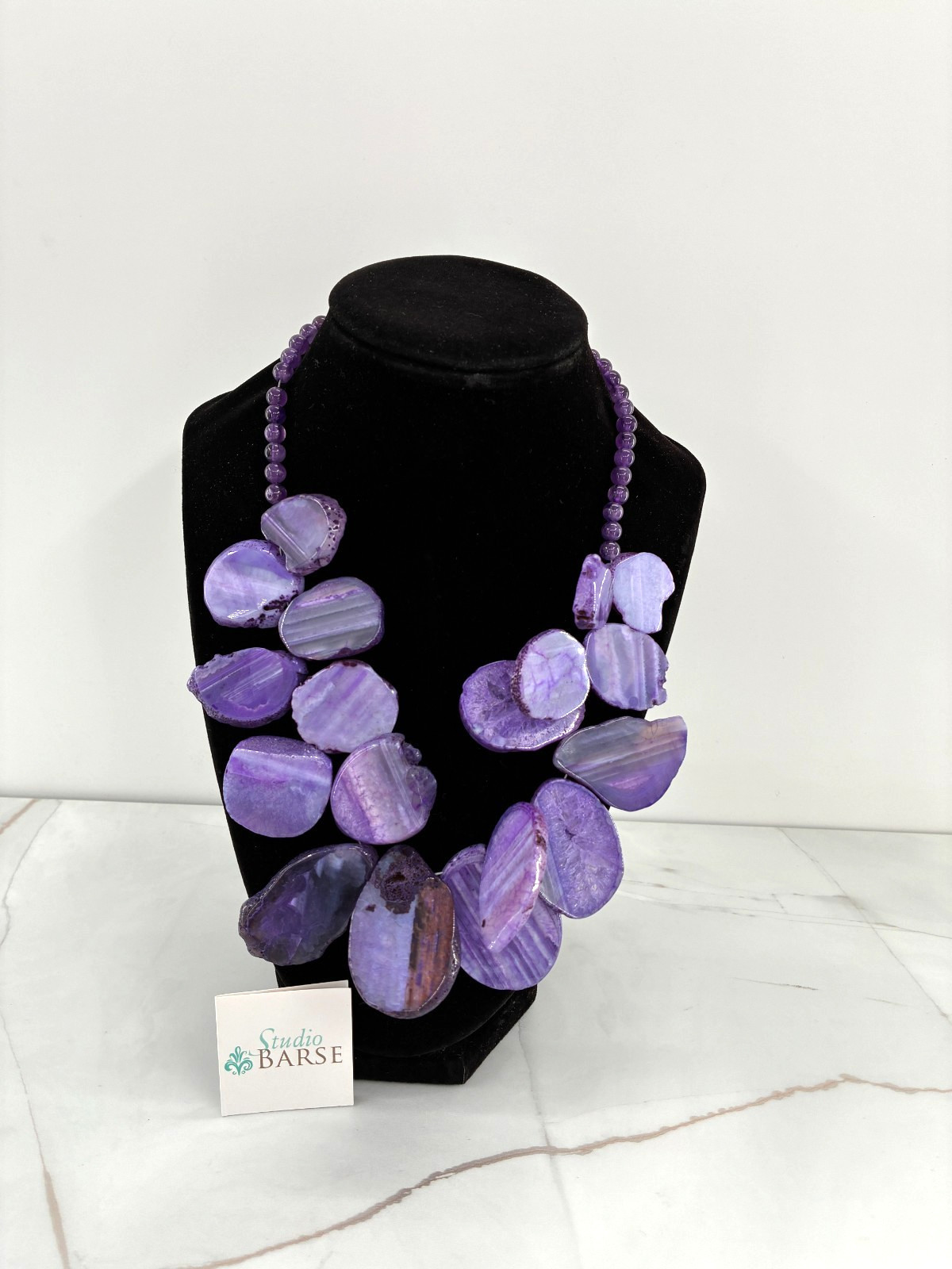 Studio Barse Sliced Purple Agate Amethyst Beaded Bib Cluster Necklace Sterling