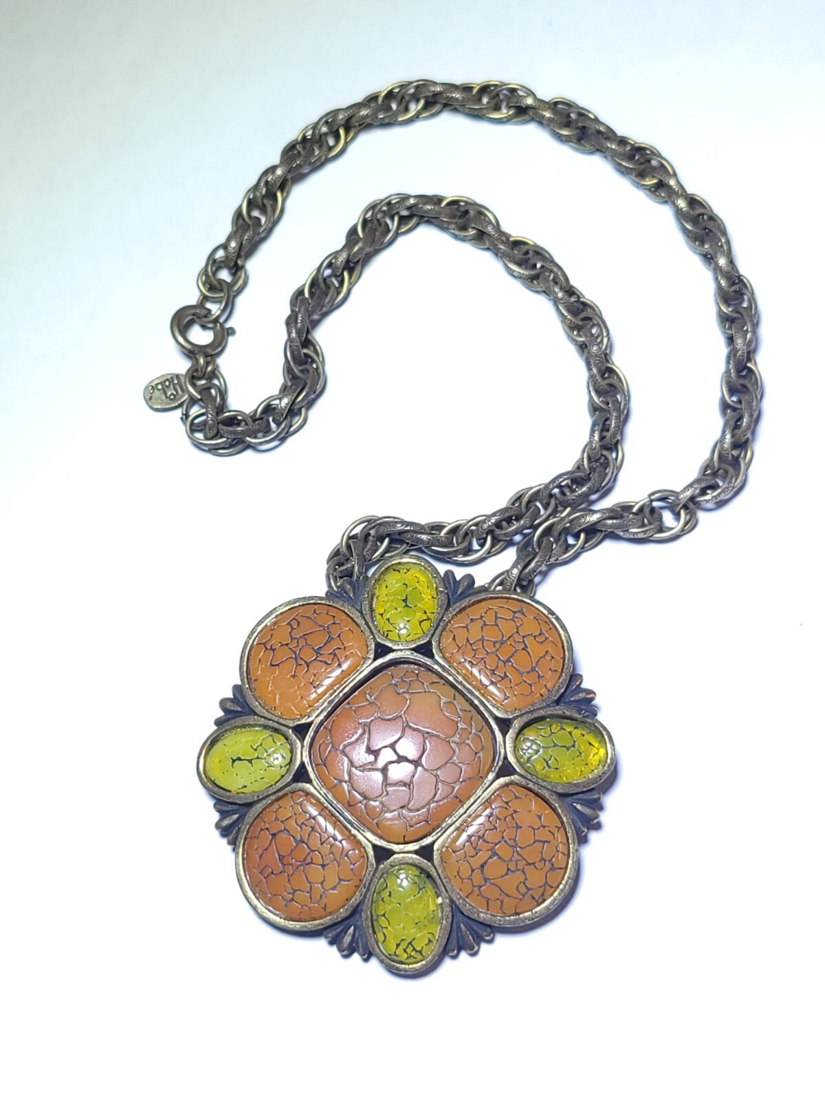 Hobé Vintage Necklace Orange Lime Green Thermoplastic Amulet Pendant 16″ Chain