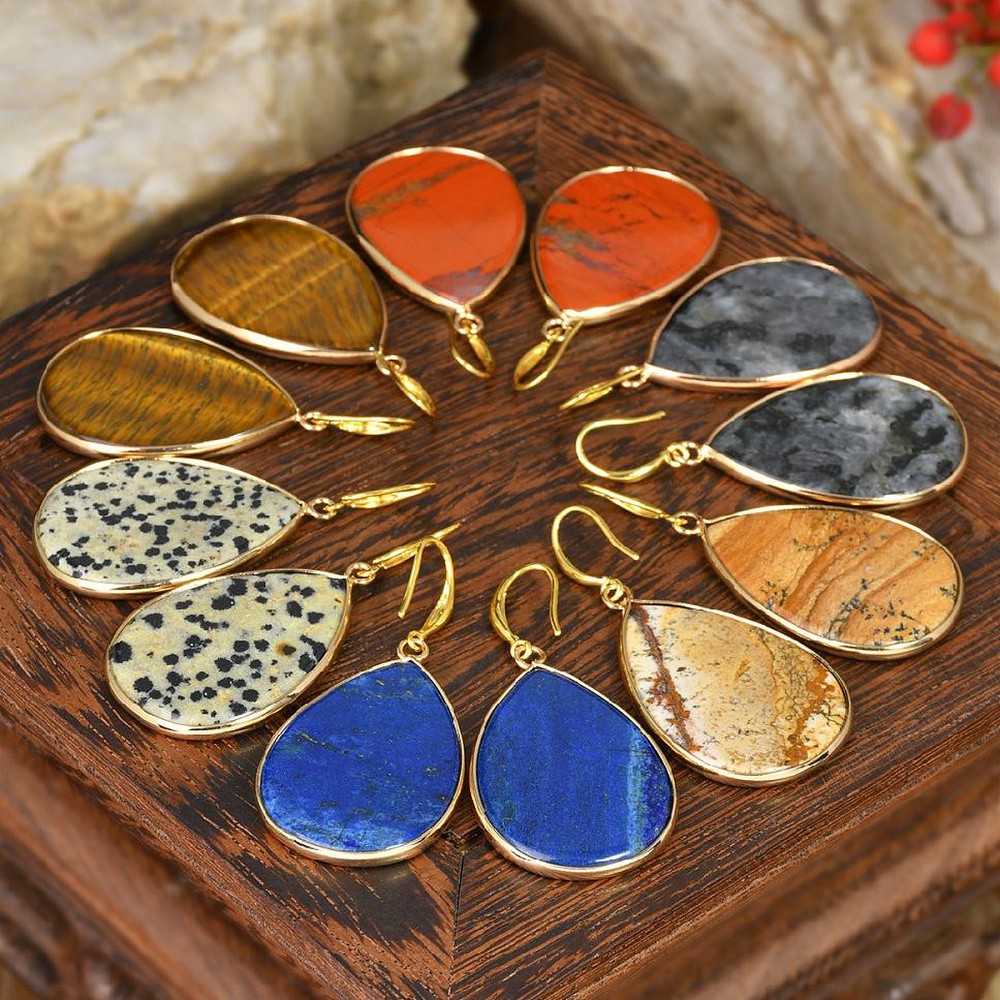 Dangle Drop Earrings Stainless Steel Gold Teardrop 1.57 in Aventurine Hook E127