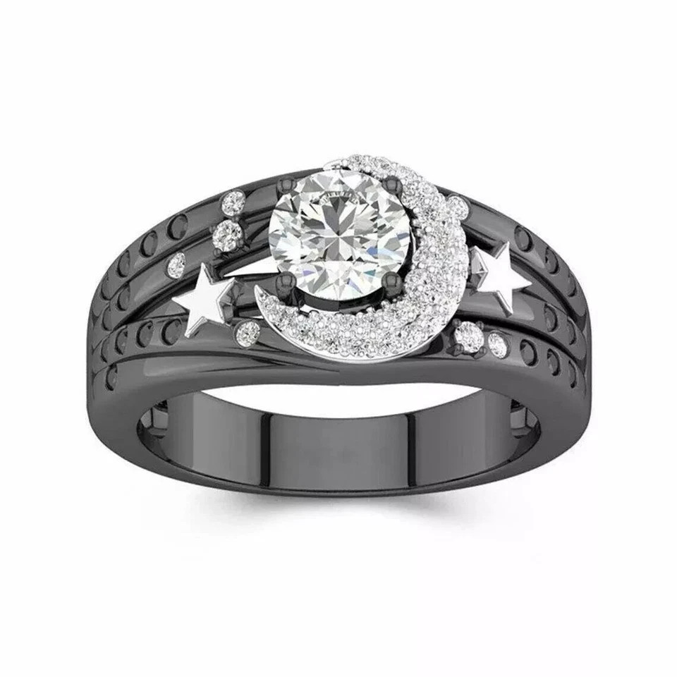 Art Deco Style Lab-Created Diamond Moon Star Birthday Ring 14k Two-Tone Gold FN