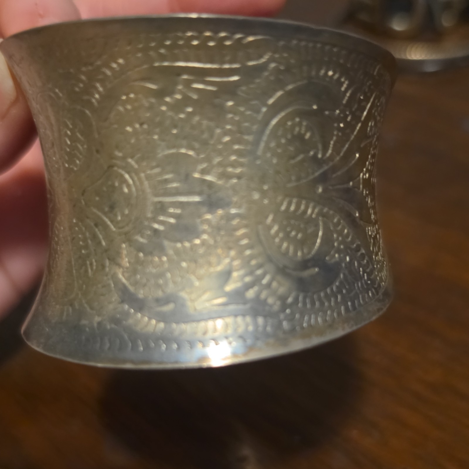 Wide Silver Tone Metal Engraved Floral Cuff Bracelet, No Stone