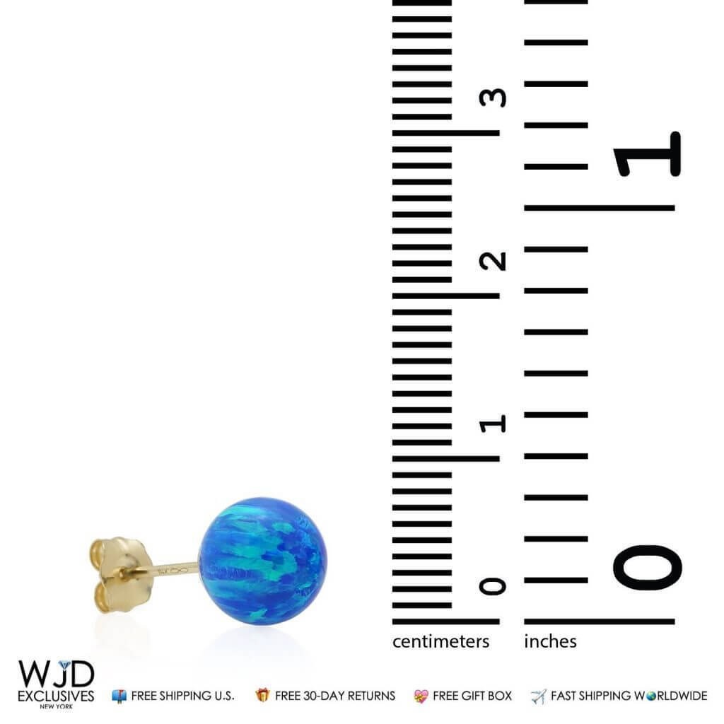 14K Yellow Gold Blue Opal Ball Butterfly Pushback Stud Earrings 7mm