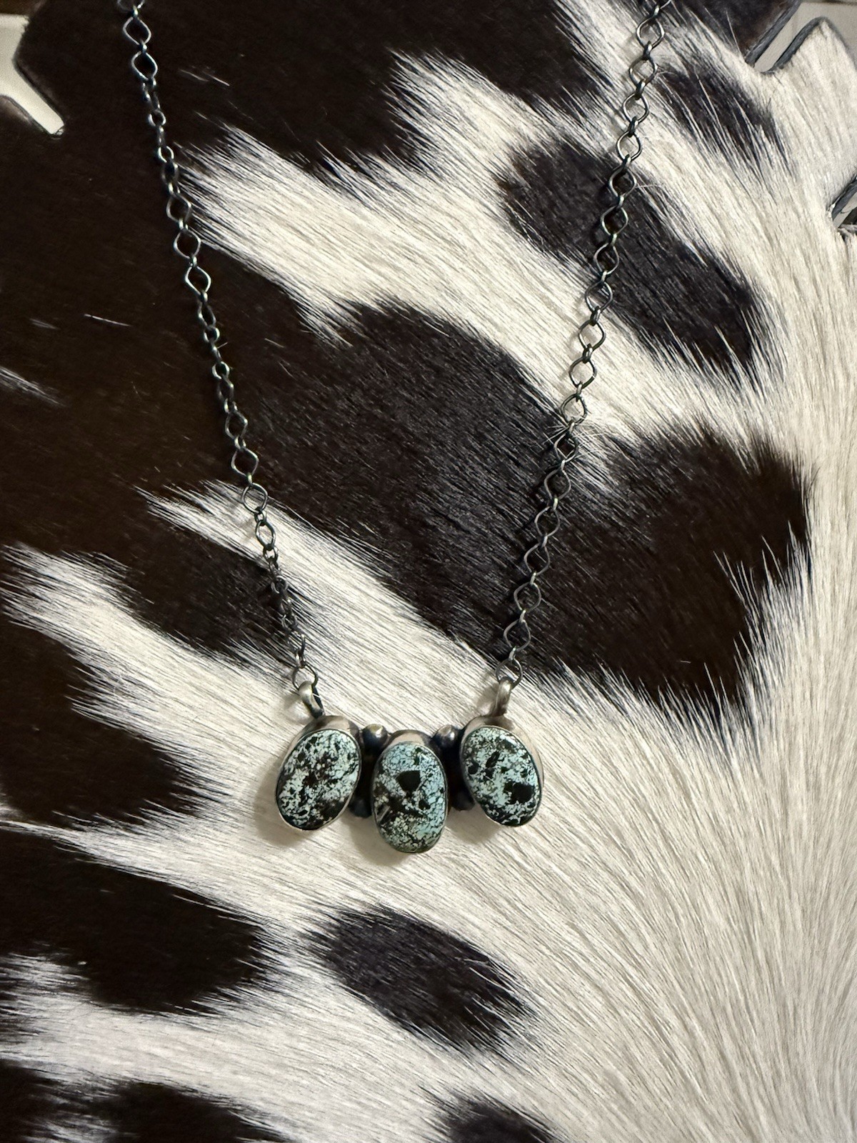 Navajo made blackjack turquoise 3 stone bar necklace