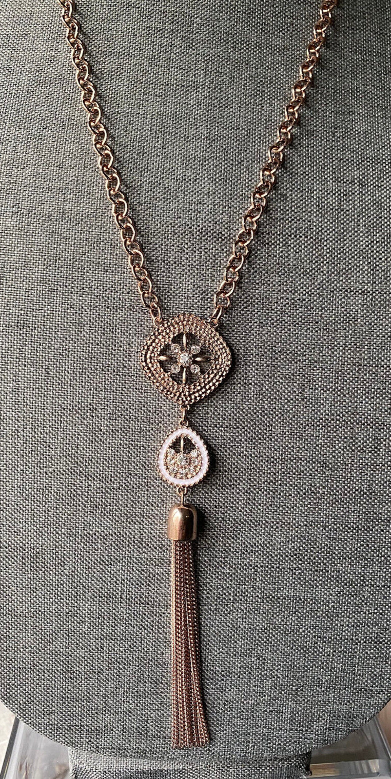 Rose Gold Chain & Pendant – 5″ Decorated Pendant Rhinestones Approx 24″ NK181