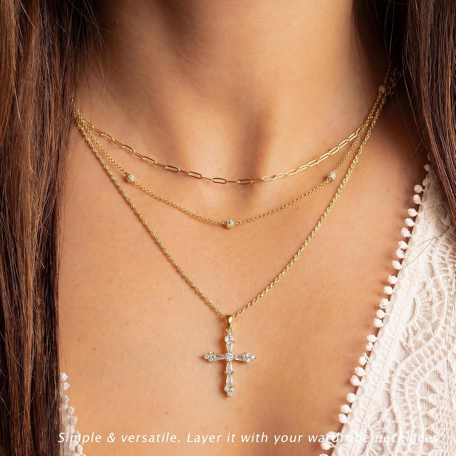 Dainty 14K Gold Plated Tiny Cross Pendant Chain Jewelry Non Tarnish Hypoallergen