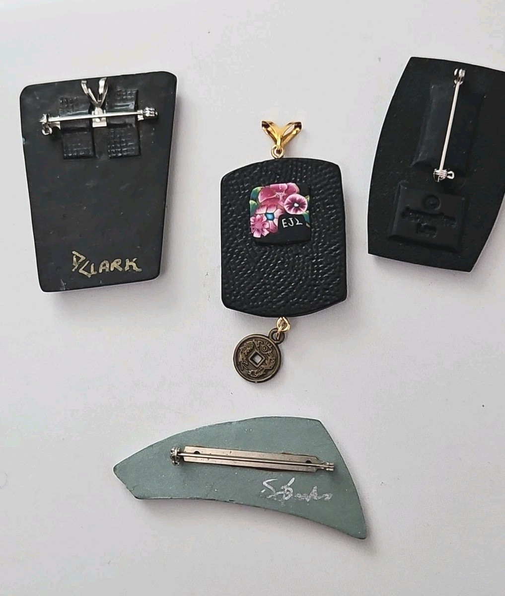 EARTH MONTH-Vtg 80s Asian Influence Artisan Clay Pins/Brooch Lot (+ 1 Pendant)