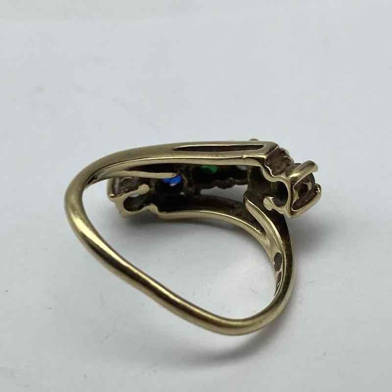10K Yellow Gold Multi-Gemstone Bypass Ring Size 3.25 Aquamarine Emerald 2.3g