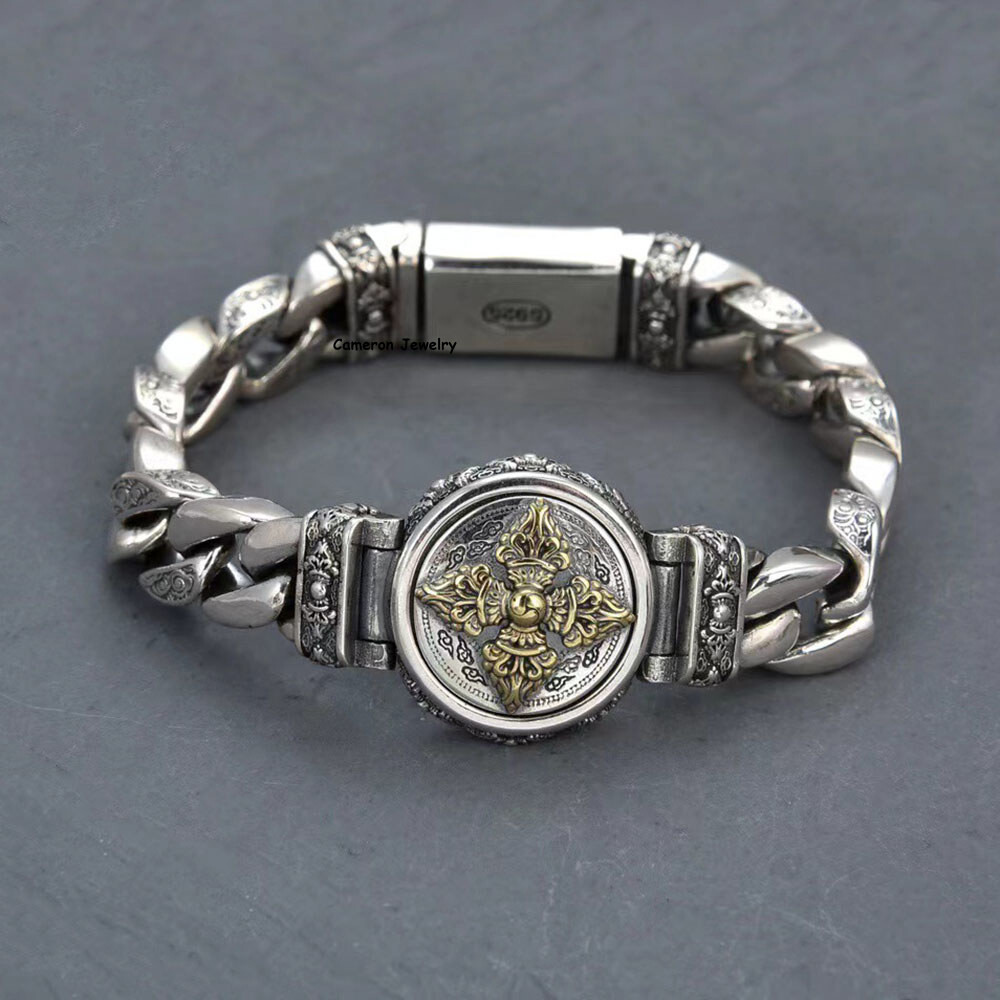 Solid S925 Sterling Silver Chain 11mm Round Vajra Curb Link Bracelet 7.1-8.7inch