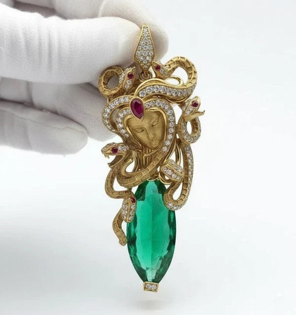 Lab-Created Emerald 4.50Ct Marquise Cut Medusa Pendant 14K Yellow Gold Plated
