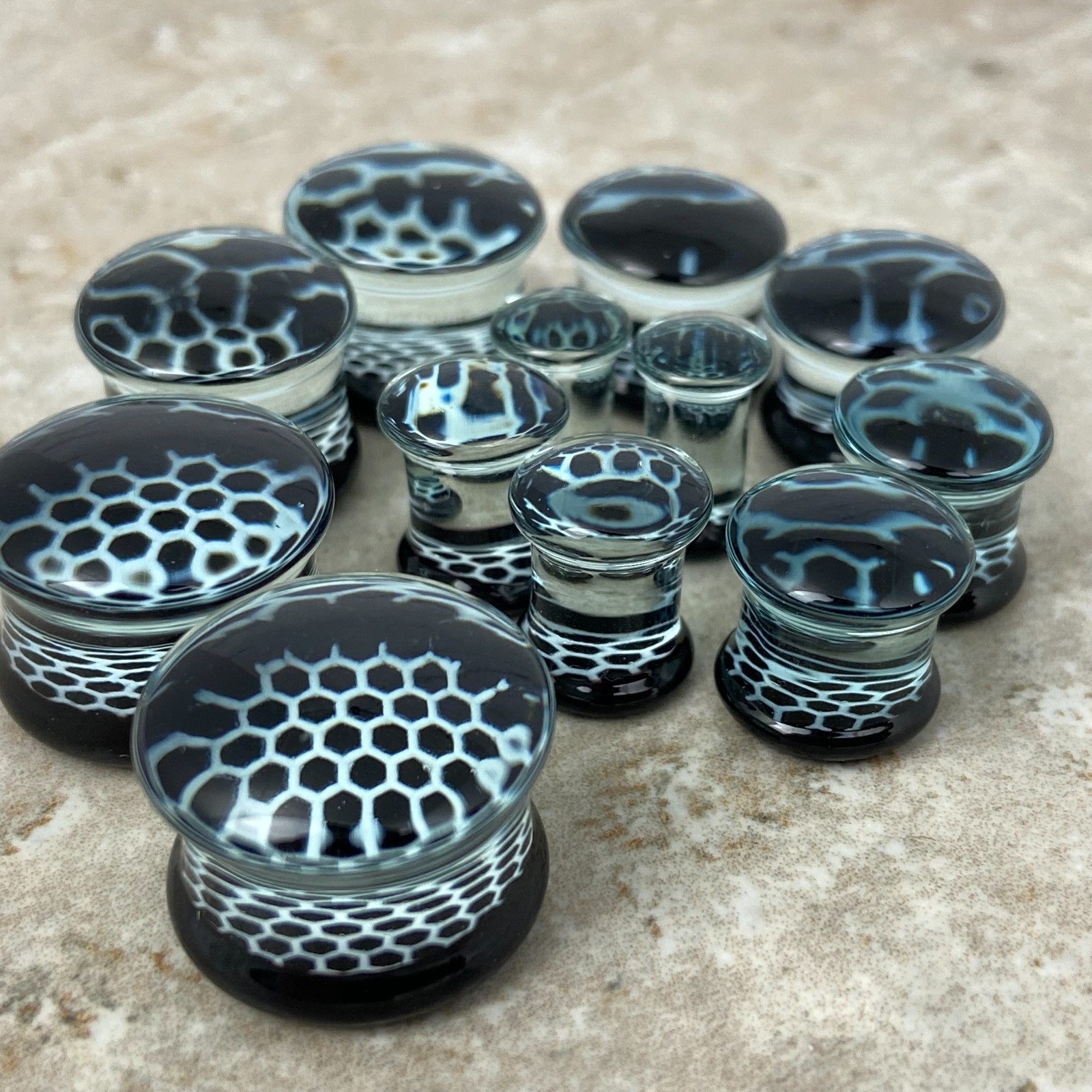 Black Honeycomb Glass Plugs (PG-548) gauges PICK YOUR SIZE