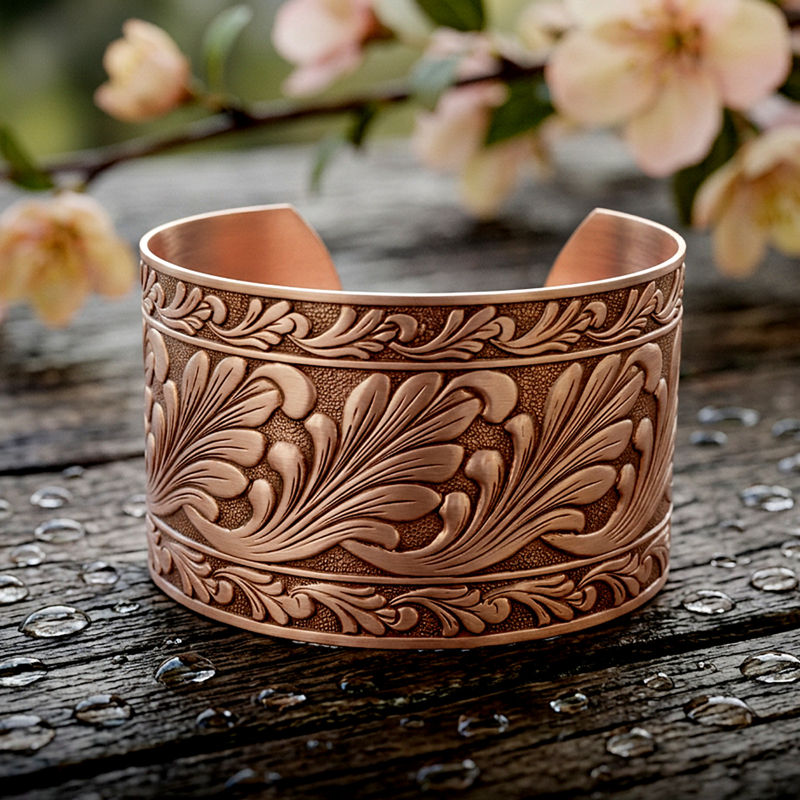 Solid Copper Adjustable Cuff Bracelet with Embossed Floral Design Antique Finish