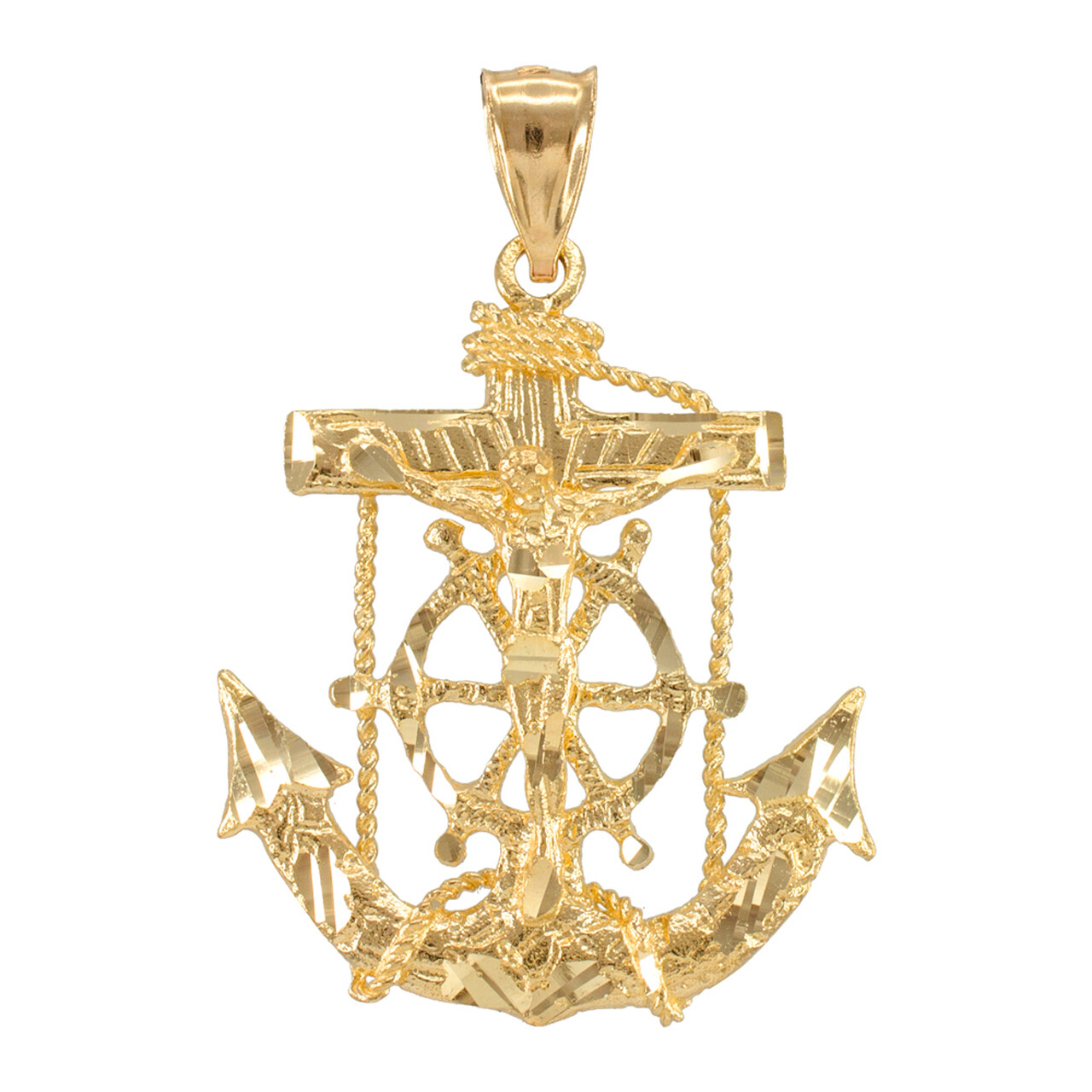 Solid Gold Mariner Crucifix Anchor Cross Nautical Wheel Unisex Pendant (Midsize)