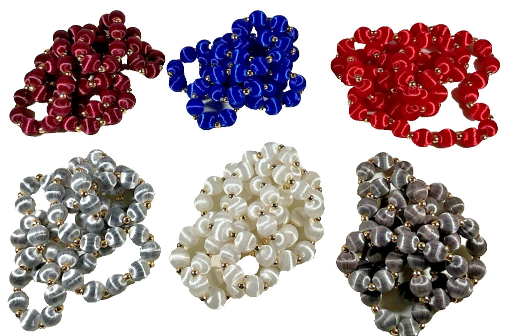 Lot of 6 Necklaces Silk/Satin Wrapped Beads Gold Tone Spacers Multicolor Vintage