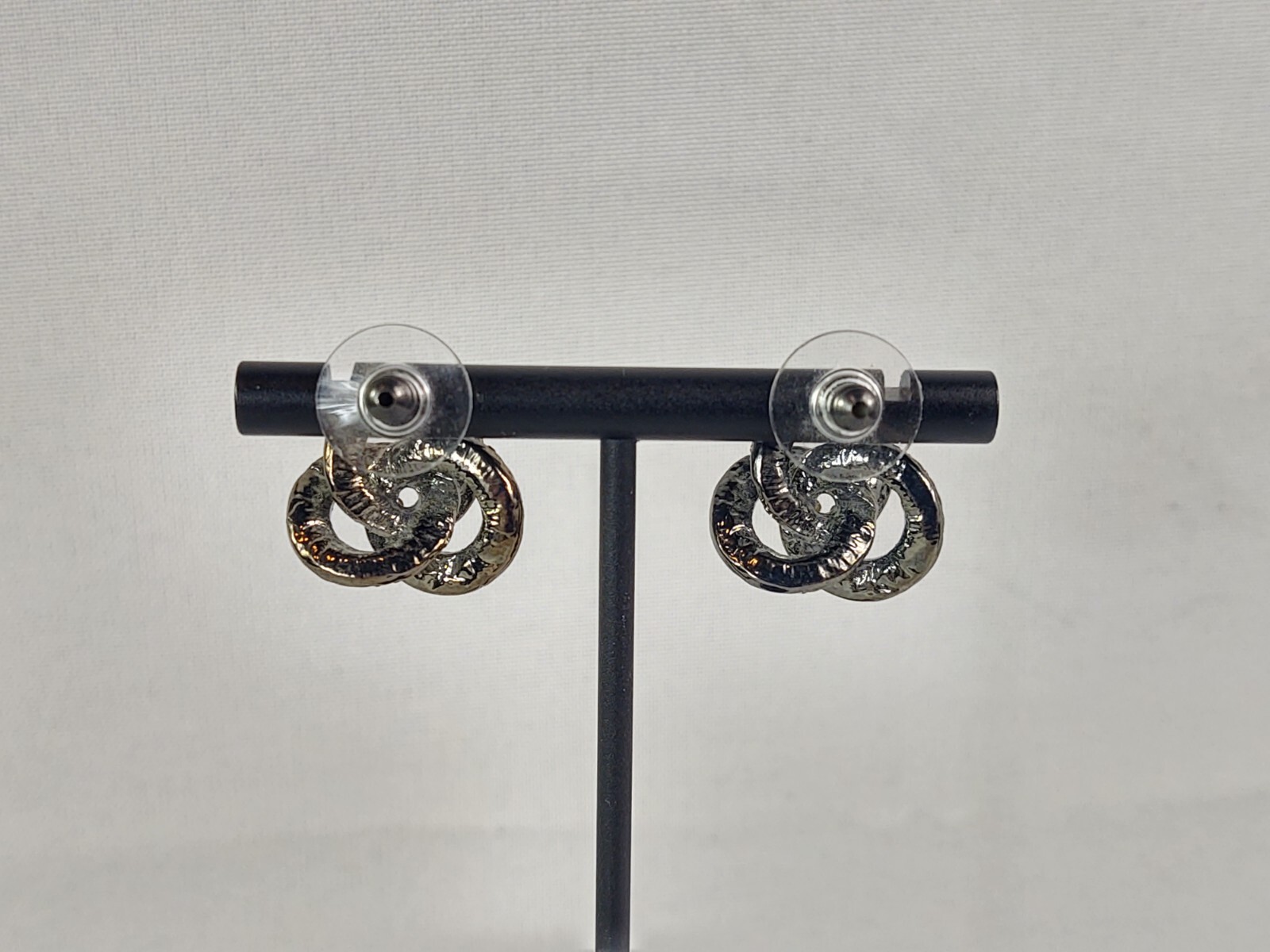 Vtg Pierced Earrings Women’s Costume Jewelry Silver Tone Crystals Tri-Circle